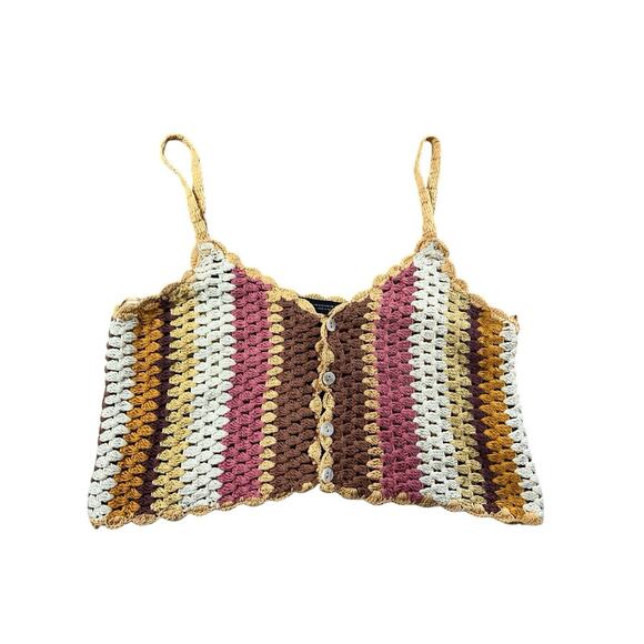 Zara Boho Open Knit Top Sz Small Neutrals Button Front Blouse Crop Festival - Picture 10 of 10